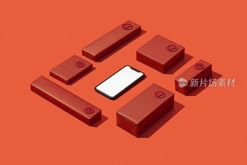 智能手机模型，红色背景与红色礼品盒的模板。