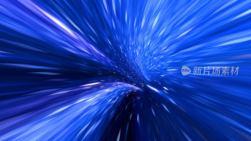 穿越时空的虫洞，穿越科幻小说的时空。在超空间中，恒星之间的抽象跳跃。数据隧道穿梭。蓝色紫色的色彩。三维渲染