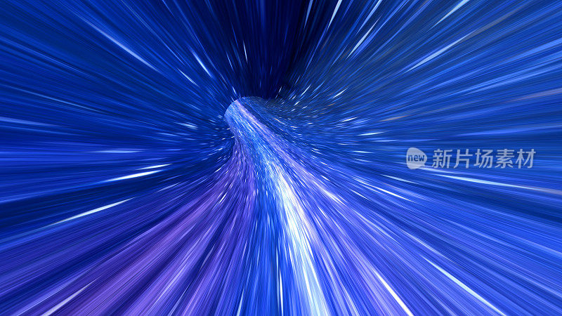 虫洞穿越时空，穿越科幻小说。在超空间中跳跃，在星际间跳跃。数据隧道穿梭。蓝色紫色的色彩。三维渲染