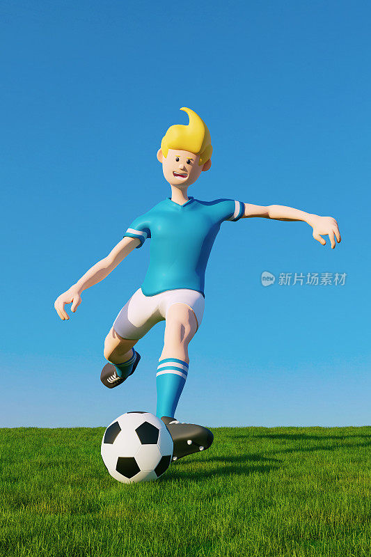 穿着蓝色衬衫的卡通足球运动员在草地上踢球
