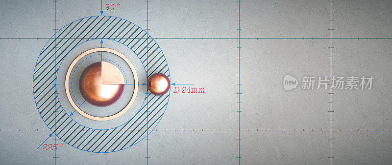 顶视图上的抽象技术蓝图背景与球体和测量，宽水平组成与复制空间