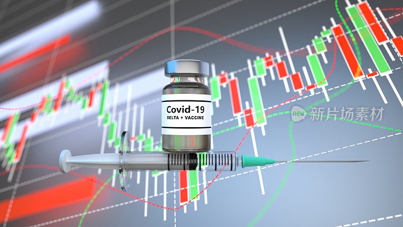 冠状病毒COVID-19三角洲变种疫苗和注射器在蓝色财务图表