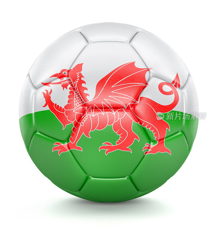 皮革足球与威尔士国旗孤立在白色背景。三维演示
