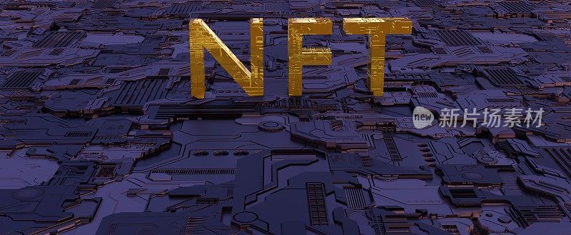 摘要数字NFT背景。金色的区块链字母在紫色表面的3d渲染
