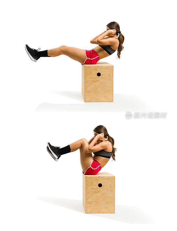 一个女人在胶合板上做仰卧起坐的动作序列