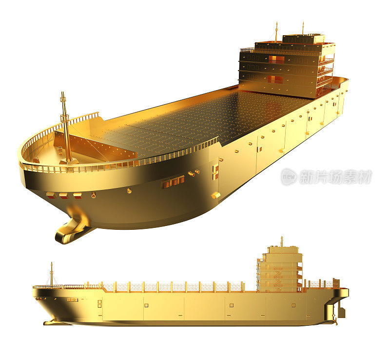 金黄色的货船或隔离在白色上的船只