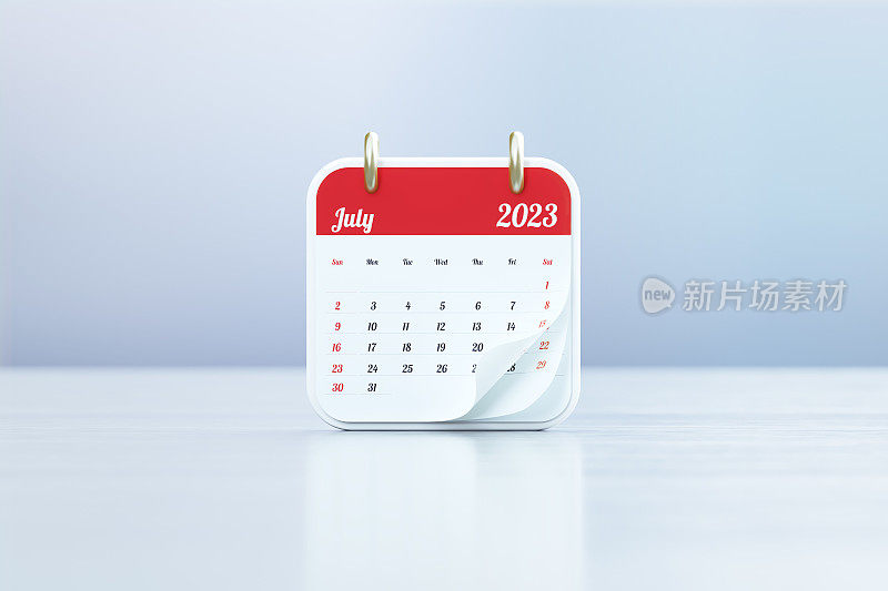 2023年7月日历，白色反光背景