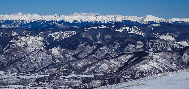 科罗拉多州阿斯彭的雪山滑雪场，从马戏团缆车的顶部俯瞰。