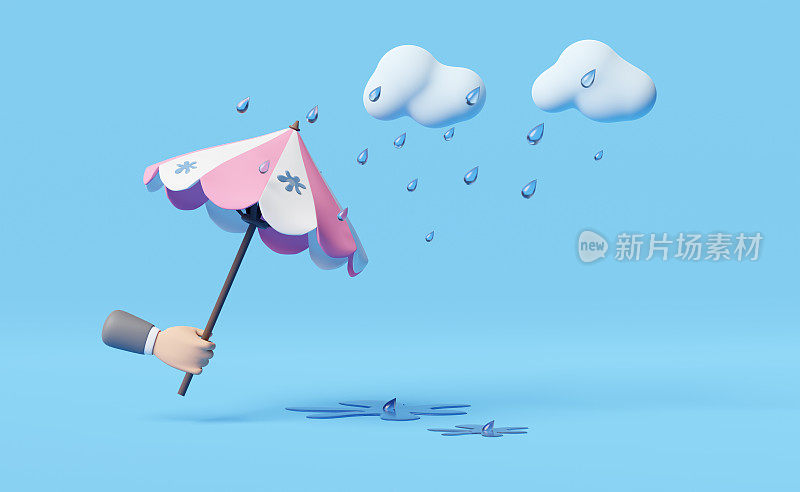 商人手握云伞，雨滴隔离在蓝色背景，保护和安全概念，3d插图或3d渲染