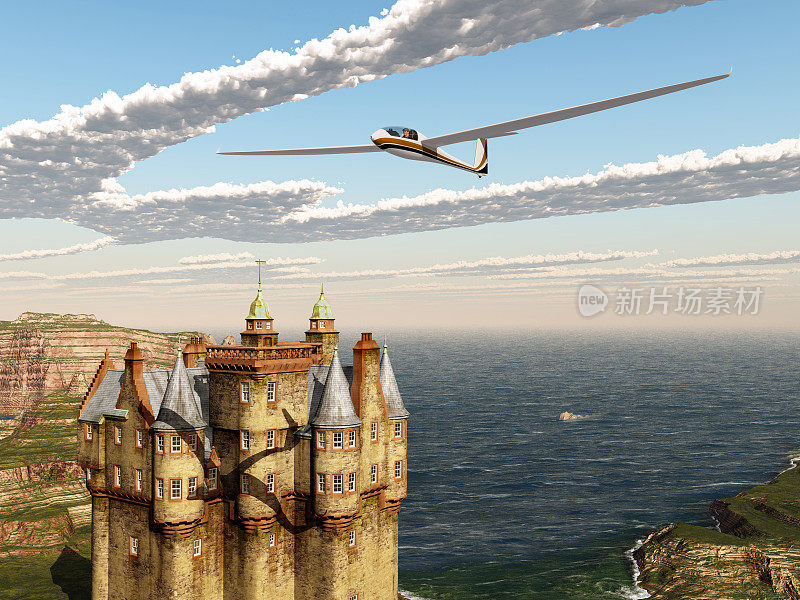 滑翔机飞过一座苏格兰城堡