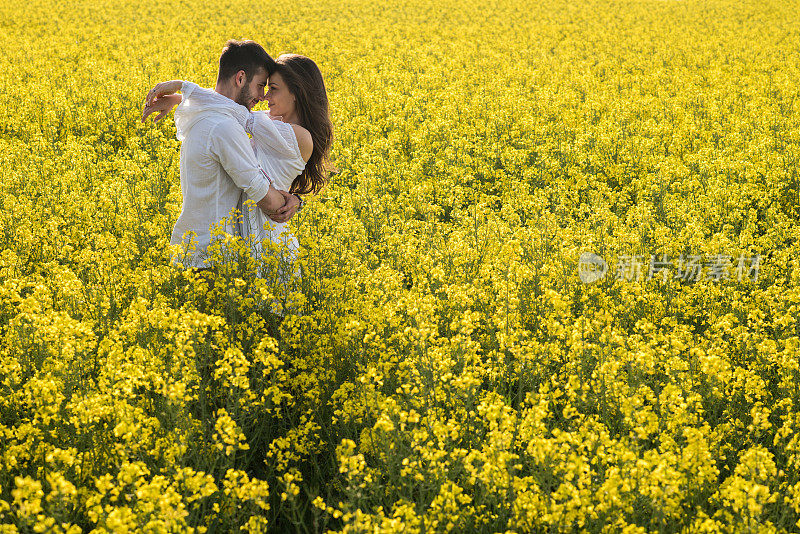 一对深情的情侣在黄花草地上有一个浪漫的时刻。