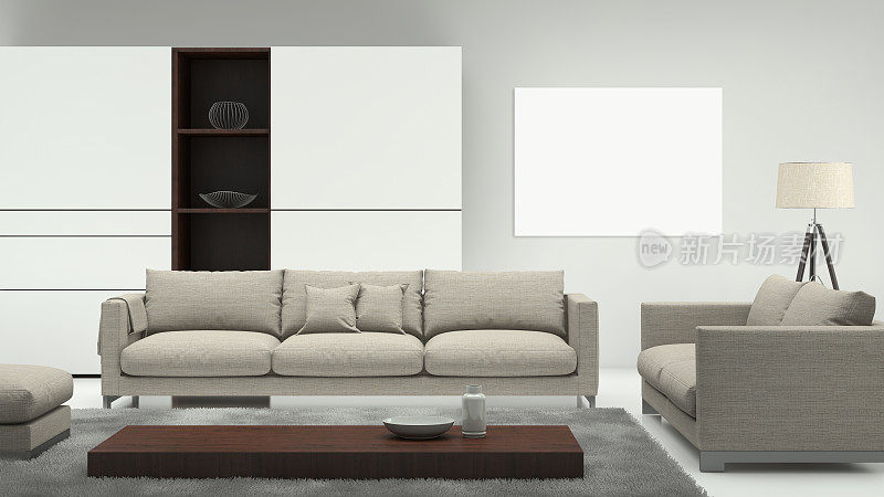 简约现代的室内客厅，配有沙发和画框