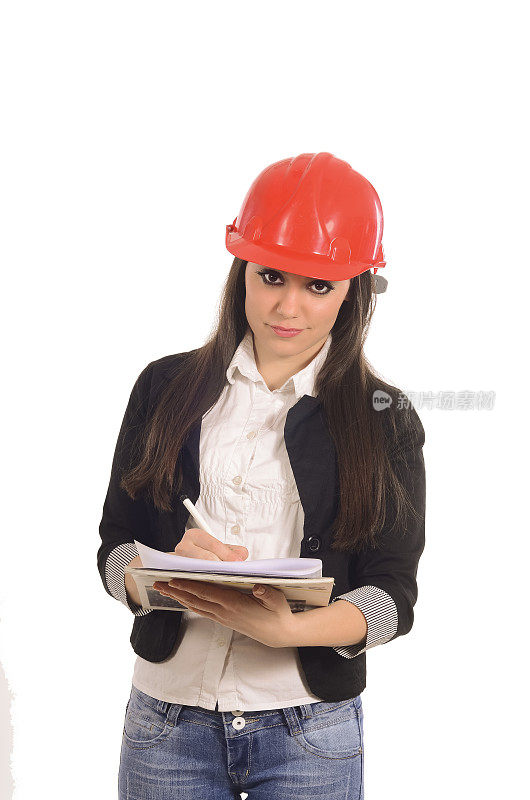 女工程师女建筑师戴着红色安全帽