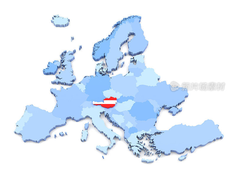 欧洲地图，带有旗帜的奥地利