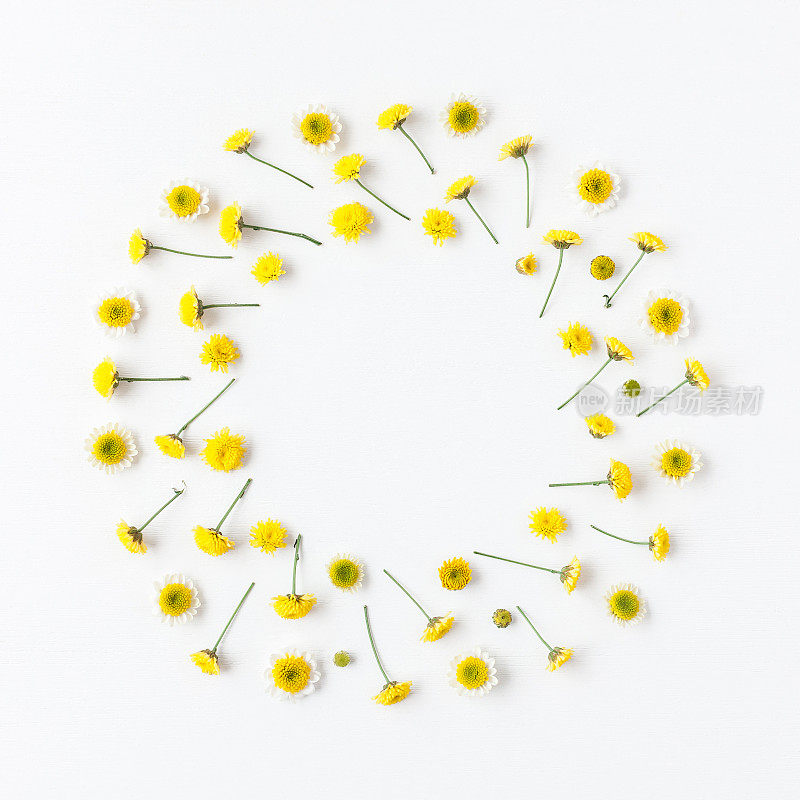 由白色背景上的各种黄花制成的花圈