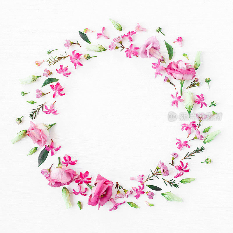由白色背景上的各种粉红色花制成的花环