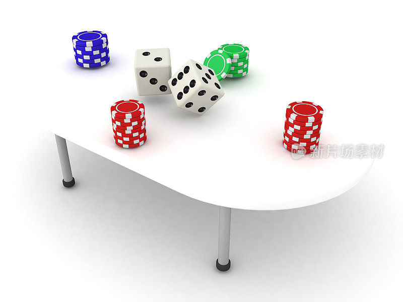 3D插图的赌桌与成堆的筹码和骰子