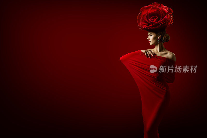 美丽的时尚模特和玫瑰花发型，优雅的艺术女人红裙，玫瑰皇冠头