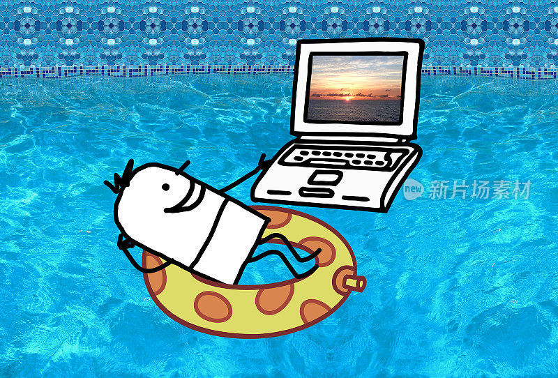 卡通人物-在游泳池里拿着笔记本电脑的男人