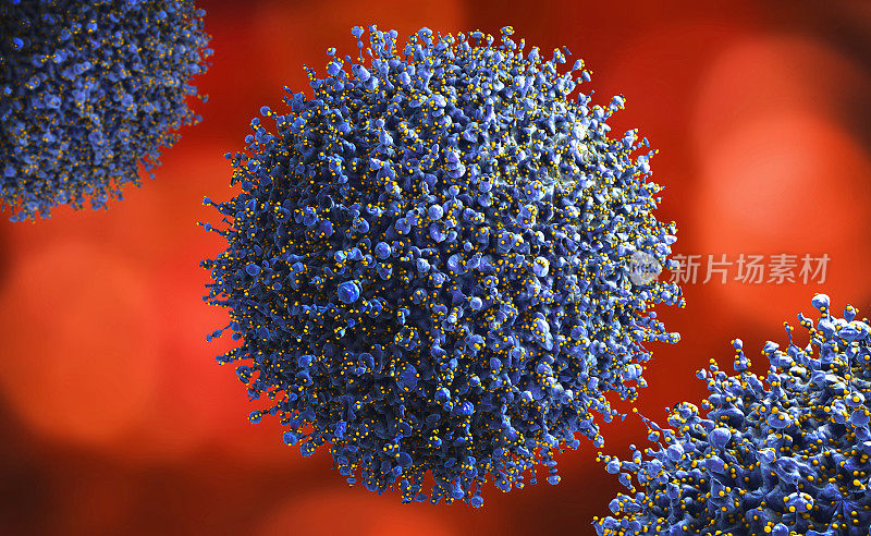 病毒细胞的三维图示，红色背景为传感器或受体