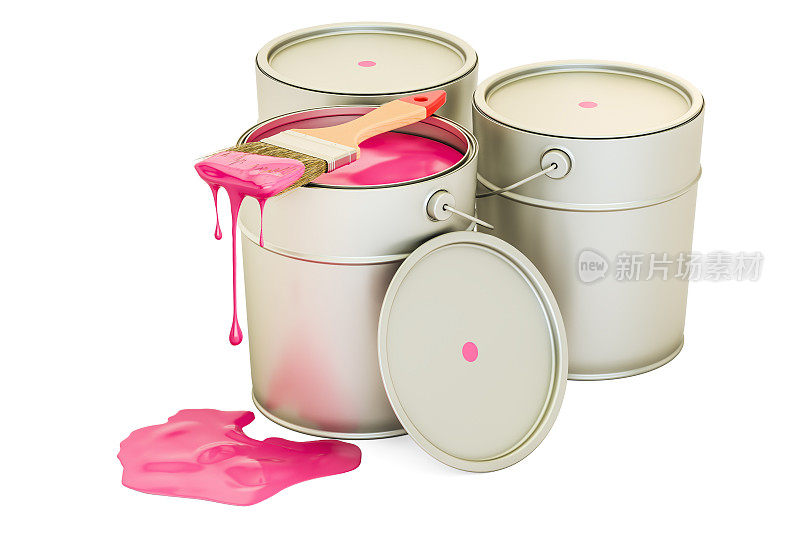 罐与粉色油漆和刷子，3D渲染孤立的白色背景