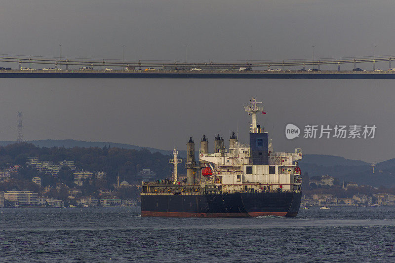 工业船在土耳其伊斯坦布尔博斯普鲁斯大桥下的马尔马拉海岸航行