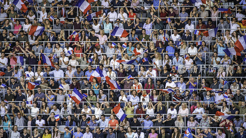 法国球迷在体育场挥舞旗帜