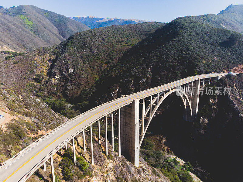 在夏天阳光明媚的一天，美国加利福尼亚州蒙特雷县，无人机拍摄的历史上著名的太平洋海岸1号公路上的比克斯比溪大桥全景