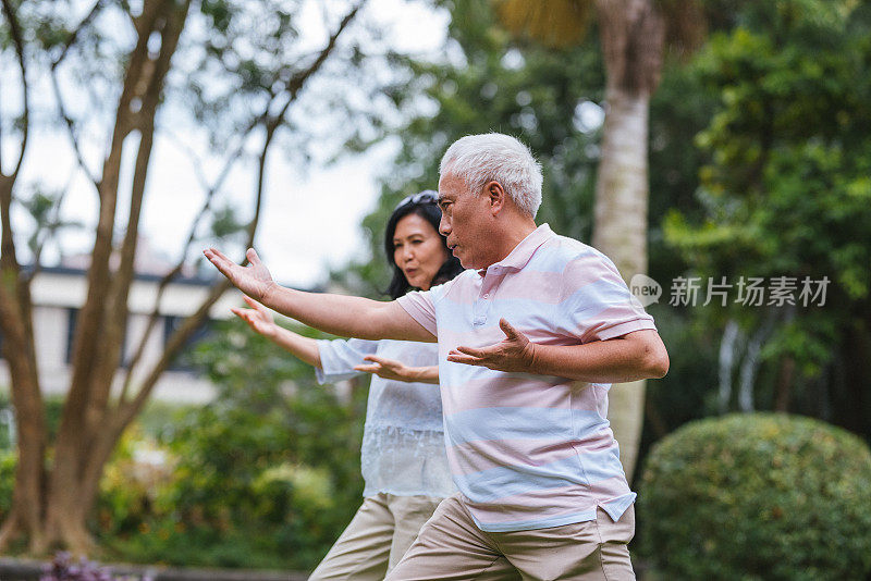 一对中国老夫妇在公园里打太极