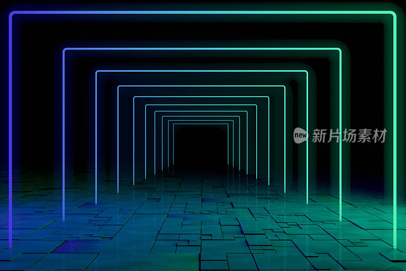 紫外氖激光发光方块线，光隧道，抽象三维背景