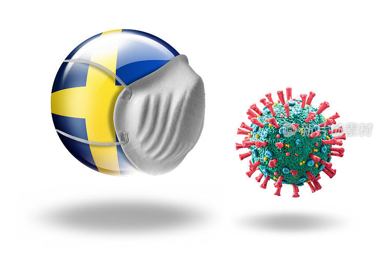 COVID-19冠状病毒面朝瑞典国旗，配有护齿套