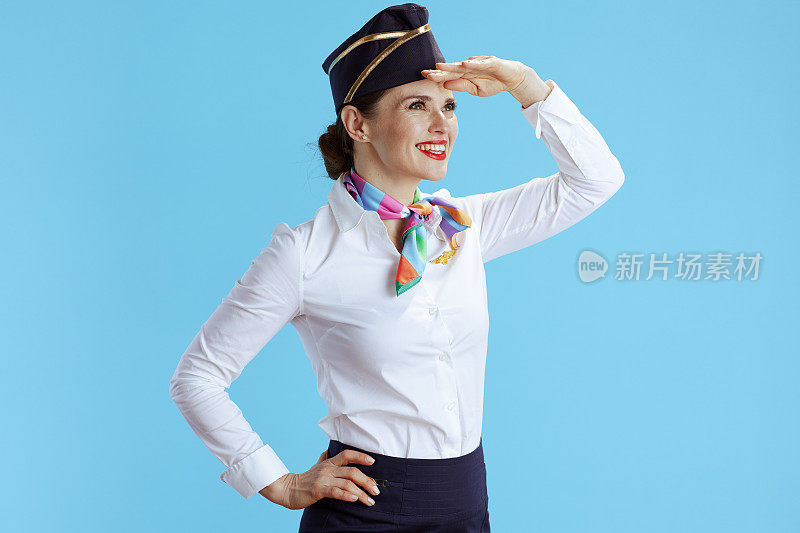 身着蓝色制服的女乘务员微笑着望向远方