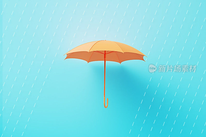 雨滴落在蓝色背景上的橙色雨伞上