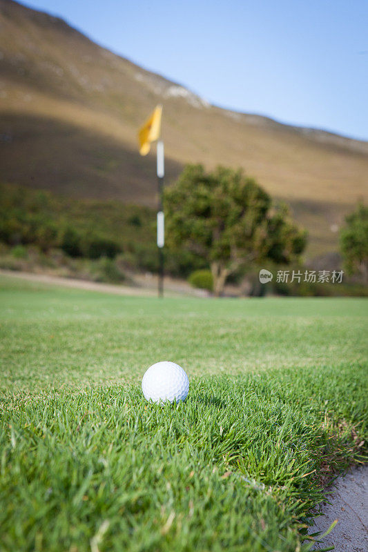 白色的高尔夫球躺在绿色的草地上接近绿色