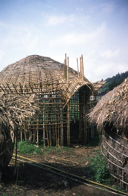 20世纪80年代非洲卢旺达西部省传统的竹制茅草屋建筑
