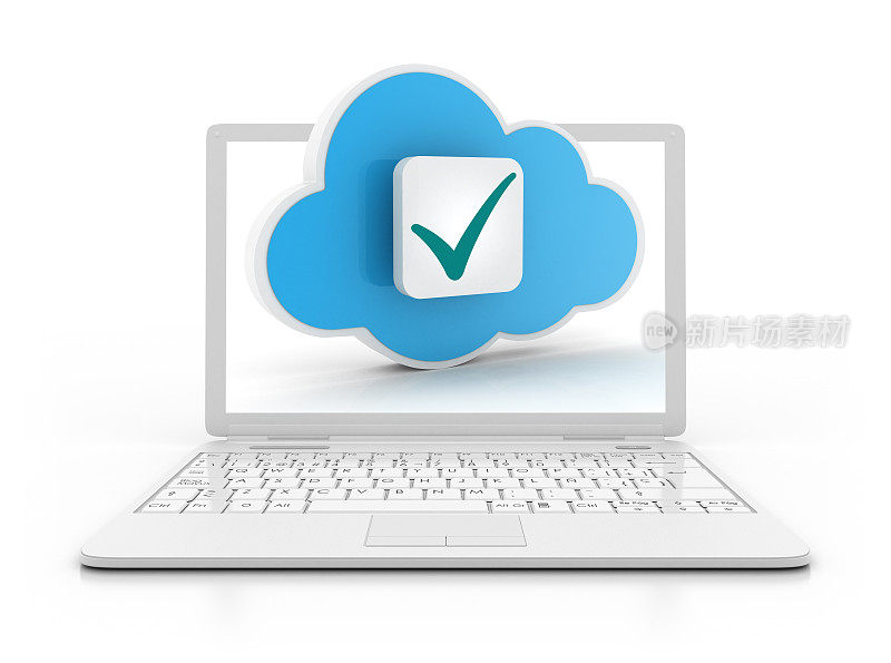 3D笔记本电脑-云与勾选标志图标