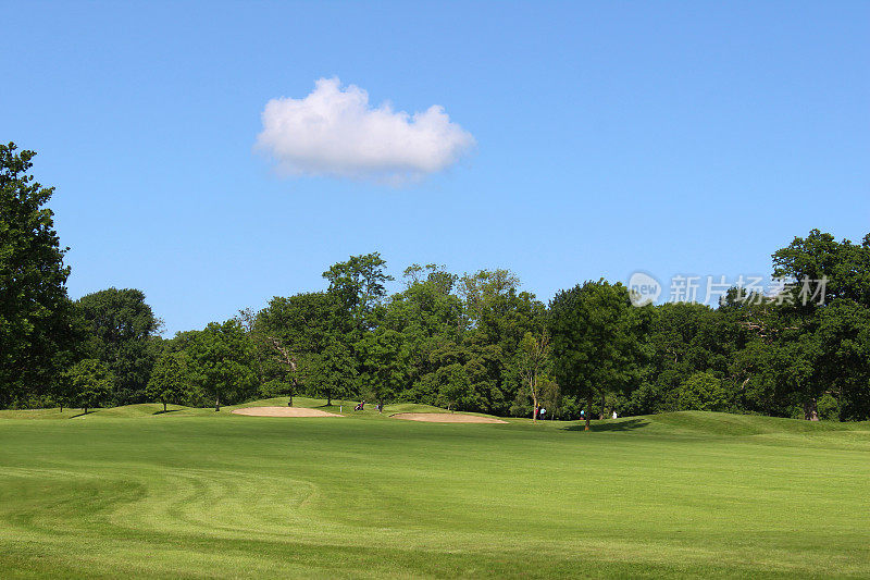 高尔夫球场的绿色草地，树木，沙坑，危险，天空
