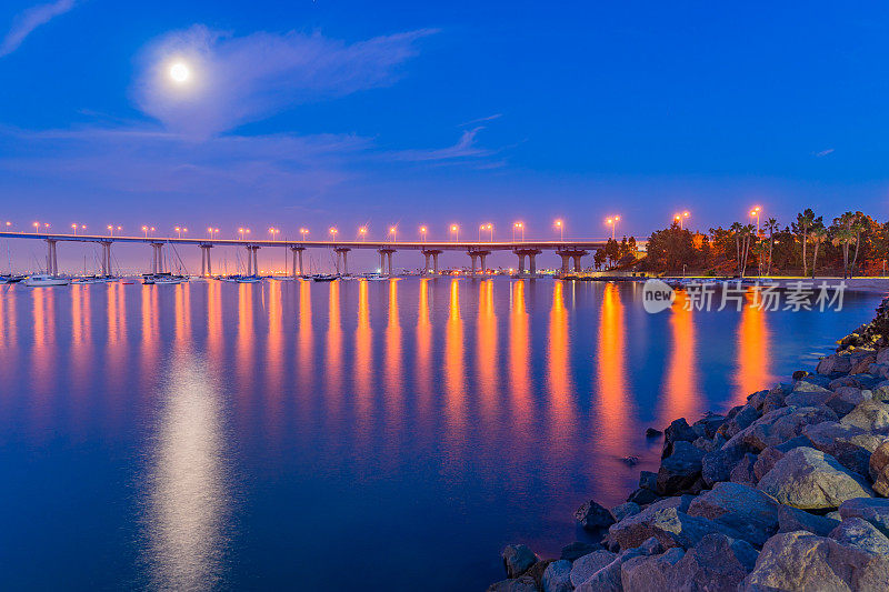 圣地亚哥的科罗纳多海湾大桥，夜晚灯火通明。(P)