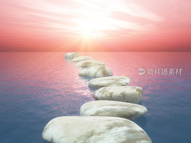 3D踏脚石在海洋对日落天空