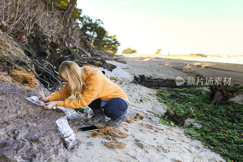 最后一年的女地质学学生采取海岸岩石样品和标签样品袋进一步分析在英格兰南部