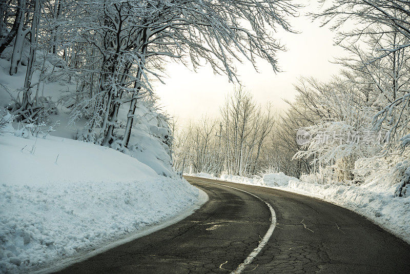 空旷的道路穿过白雪覆盖的景观