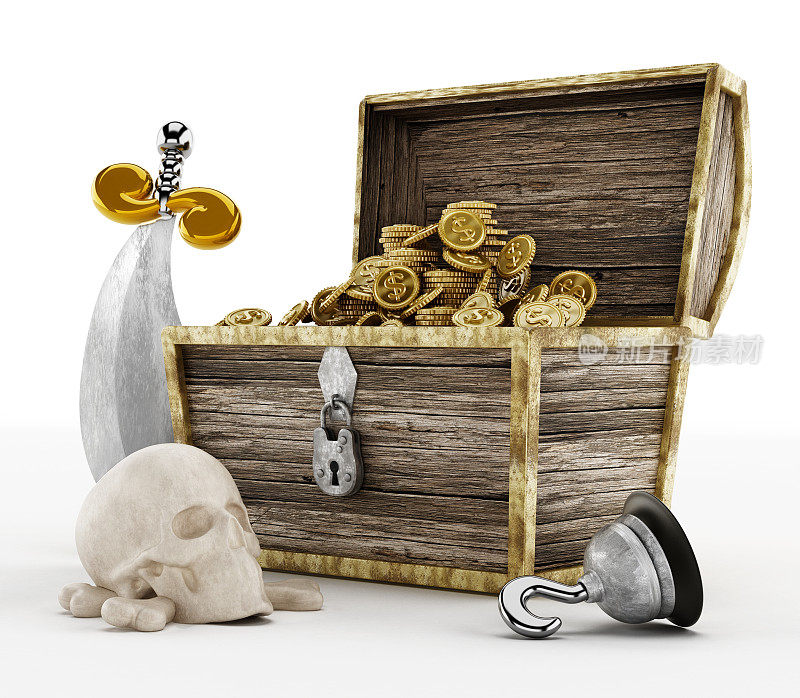 宝箱里装满了金子，海盗钩，剑，骷髅孤立在白色上