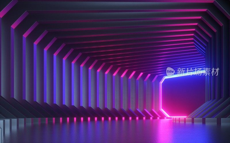 3d渲染，抽象霓虹背景，走廊，隧道，虚拟现实屏幕，紫外线光谱，激光秀，时尚讲台，俱乐部舞台，地板反射