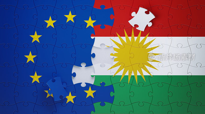 拼图拼图碎片纹理与欧盟和库尔德旗帜