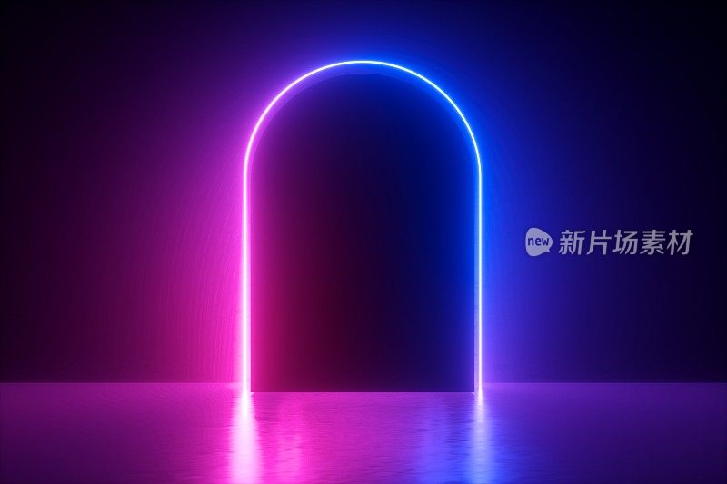 3d渲染，抽象霓虹背景，极简主义，粉红紫罗兰拱门在黑暗中发光，空白空间，紫外线灯，80年代复古风格，时装秀，表演舞台设计
