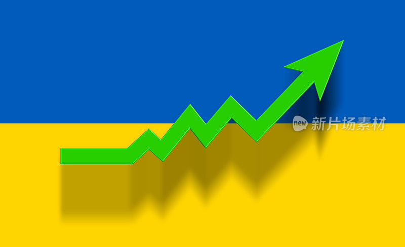 绿色成功箭头在乌克兰国旗上向上移动。