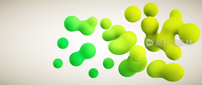 摘要气泡分子结构分散在绿色和黄色中。广泛的水平组合。