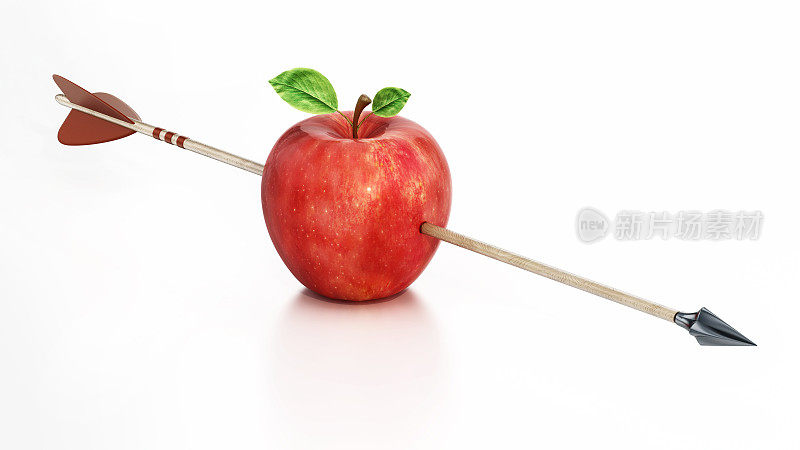 红苹果，被箭刺穿。三维渲染
