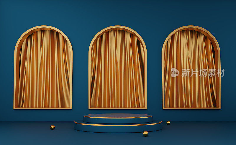 讲台空和球与金色窗帘蓝色组成的现代舞台展示，抽象的橱窗背景，概念3d插图或3d渲染