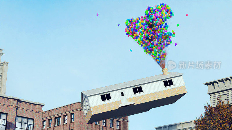 氦气球使一座房子在市中心飞起来